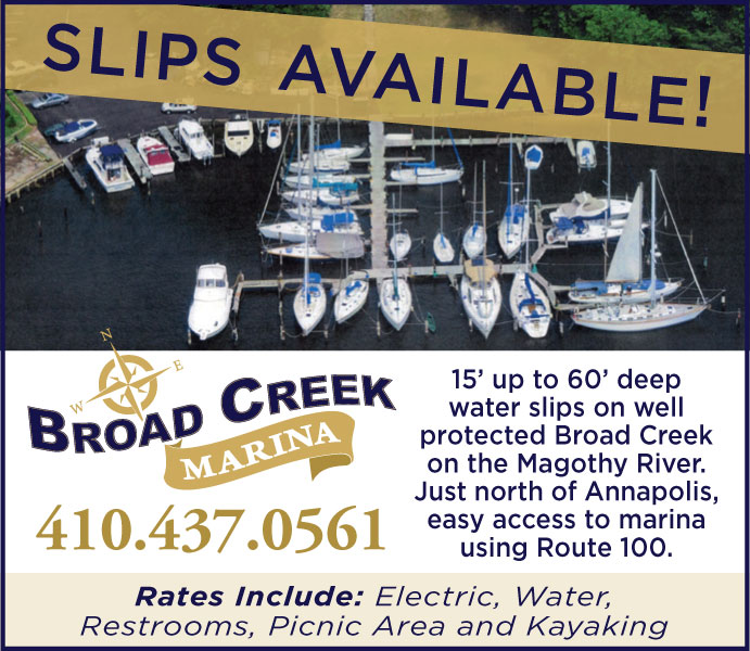Broad Creek Marina located in Pasadena, MD on the Magothy River has deep water slips available.