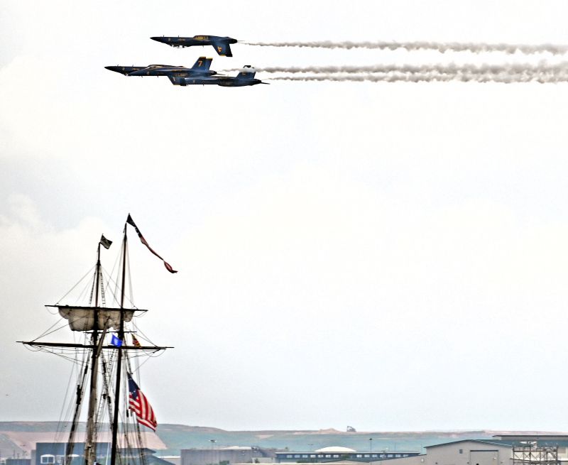 Blue Angels over a sailing mast in Baltimore 2026 for SailAmerica250