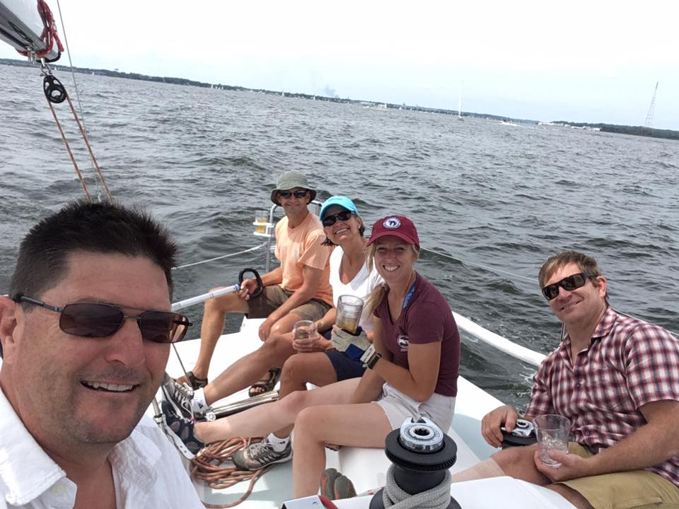 Michael, Harald, Molly, Melinda, and Judah on the Cape Fear 38 Xiberger.