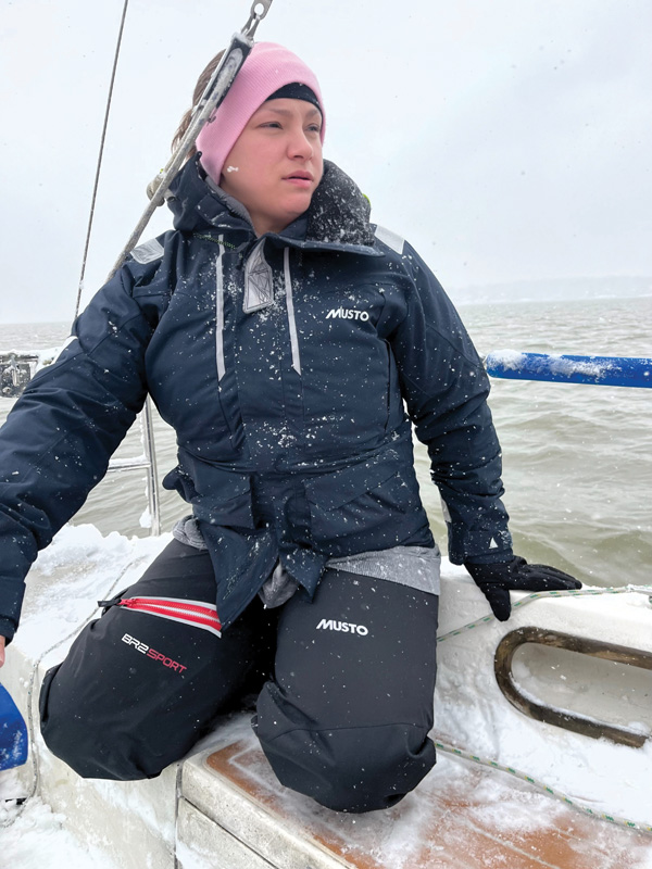 Pantoja says it's rare to find a Valhalla boat leaving the dock without her on it. Woman sailing in the snow