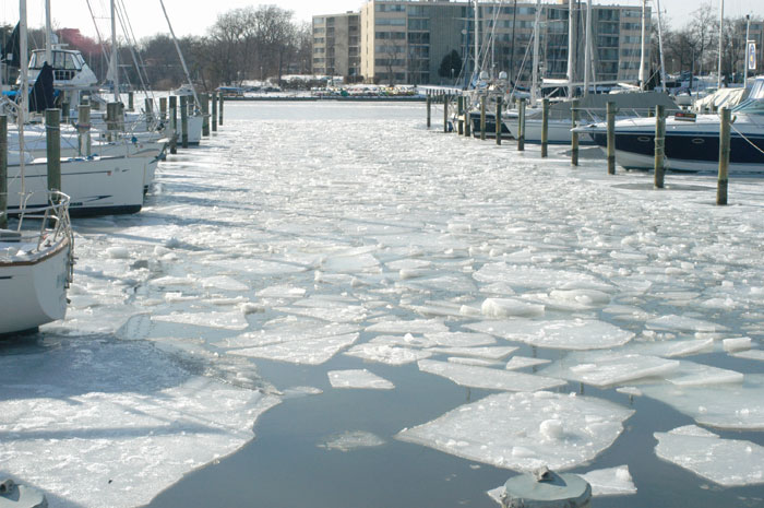 During a previous winter chunks of ice floated in Annapolis's Back Creek.