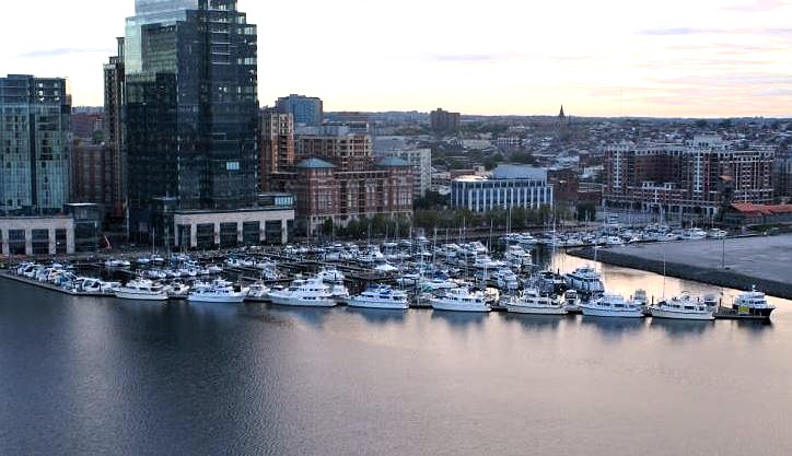 A marina with a city in the background