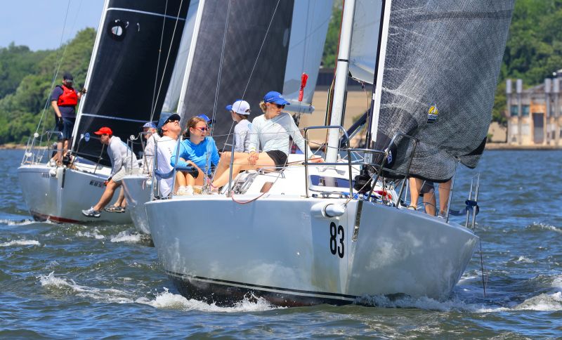 Sailboat filled with sailors having fun while competing in the EWE Spirit Cup regatta.