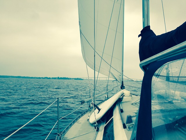 Taking a little sail up the Patuxent in the drizzle.