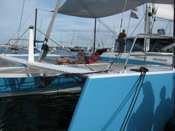 Relaxing onboard multihulls at the U.S. Sailboat Show.