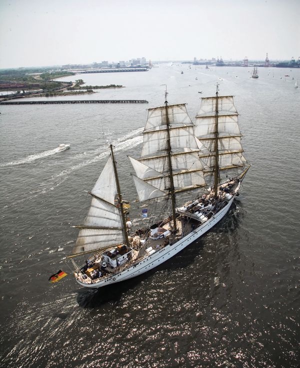 An aerial view of a tall ship under sail
