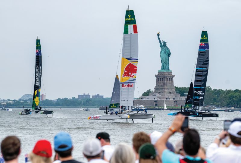 Sail GP fleet of sailboats race in New York Harbor