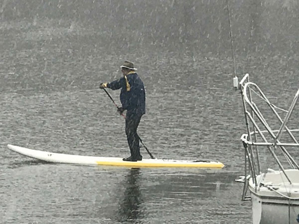 Michael Christman paddling in the snow on Weems Creek on his 101st day on the water.