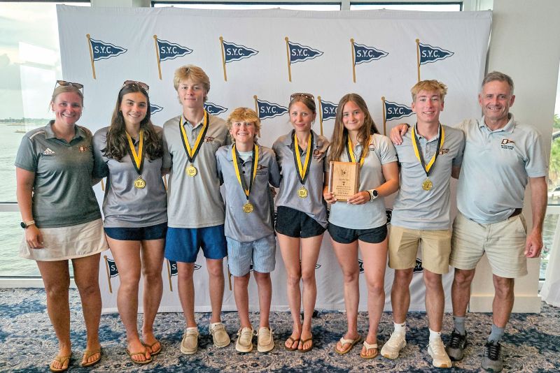 Severn School sailors pose after with coaches after capturing 2026 Mallory Trophy