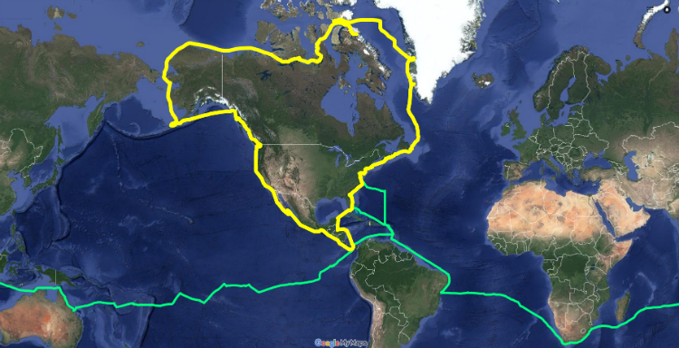 Simon’s S/V Celebrate's satellite track of North America Circumnavigation.
