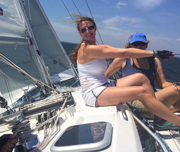 Theresa Rosbeck has found many opportunities as a new sailor. Sometimes she takes the helm or brings her daughters along. Here she enjoys the ride.