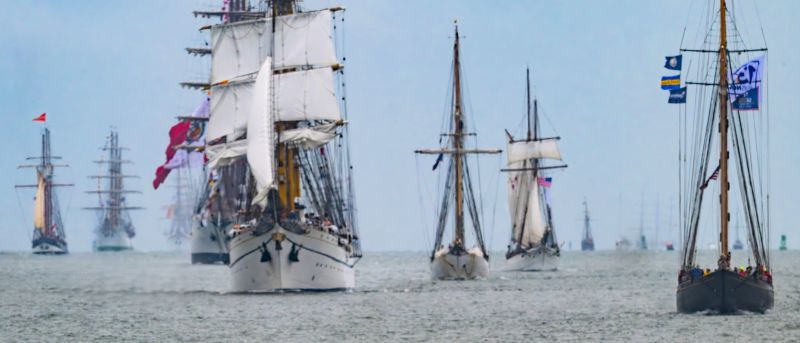 Tall ships travelling up the Chesapeake Bay during Sail250 America Tall ships travelling up the Chesapeake Bay during Sail250 America