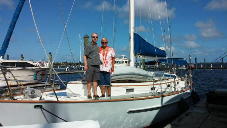 Racers Tom and Deb Carrico on their new cruising boat.