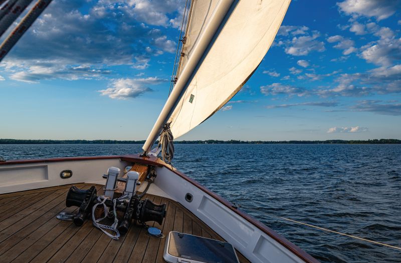 The view off the bow of the Schooner Woodwind while underway.