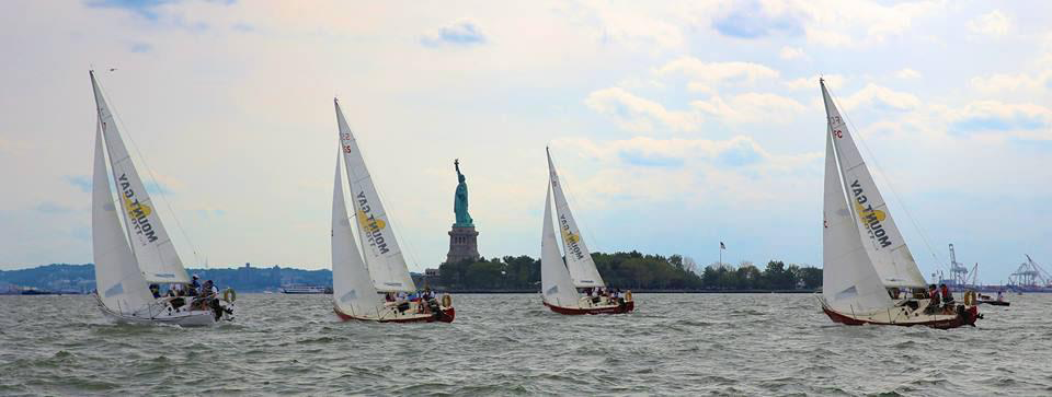 The Statue of Liberty gazes over New York Harbor and the race course