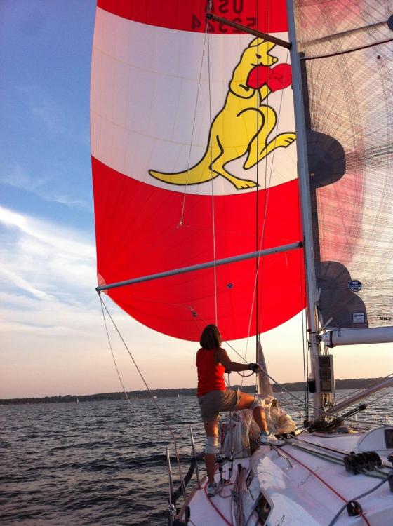 Sharon doing Spinnaker Trim on Jubilee 