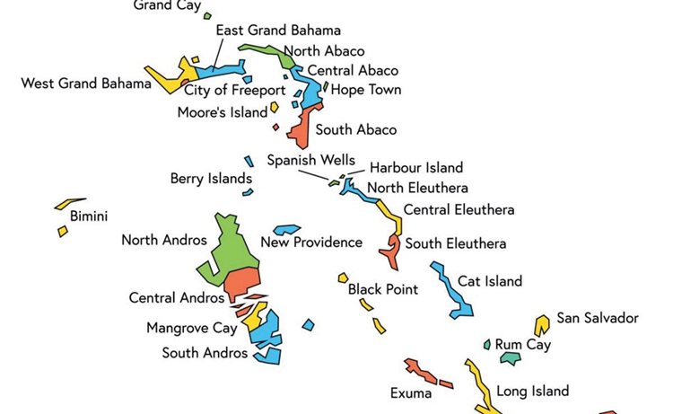Vector illustration of the map of The Bahamas with its regions and regions’ names.
