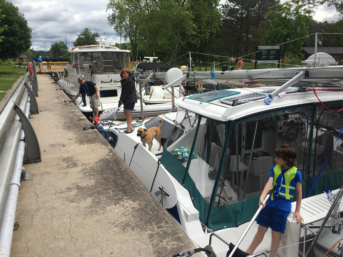 Serenity, with her mast in cradles, for the Erie Canal and Canadian waterways portion of the Great Loop.