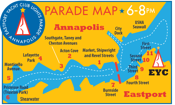 EYC Lighted Boat Parade Map provided by Eastport Yacht Club