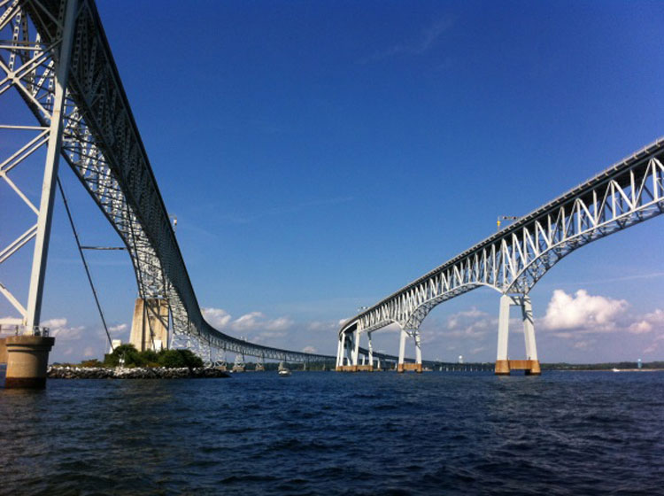 Sailing under the Bay Bridge.