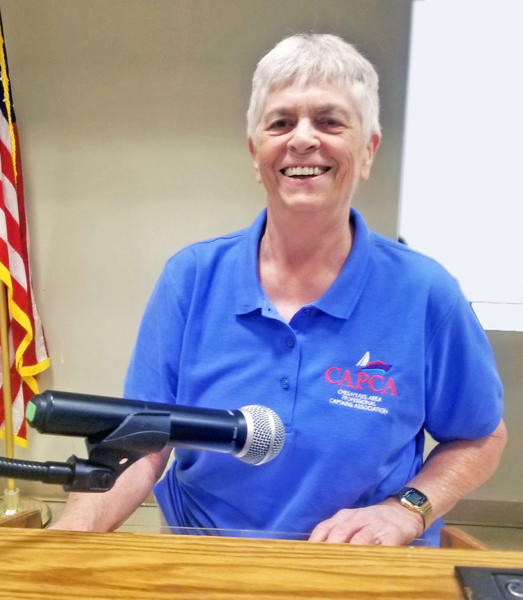 ​​​​Captain Priscilla Travis, CAPCA member, recently spoke to a meeting of the Annapolis Sail and Power Squadron. Photo by Linda Sweeting Photography