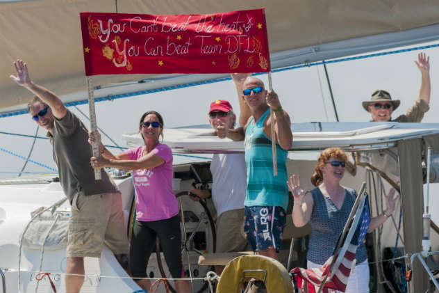 The infamous Team DFL finishing last as usual at the Boatyard Bar &amp;amp; Grill CRAB Regatta in 2016. Photo by Al Schreitmueller/ SpinSheet