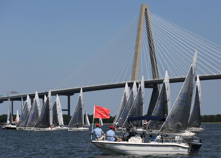 Racing right next to the Arthur Ravenel Jr. Bridge - it's a beautiful, complex place to sail. Photo courtesy of Charleston Race Week's Facebook page.