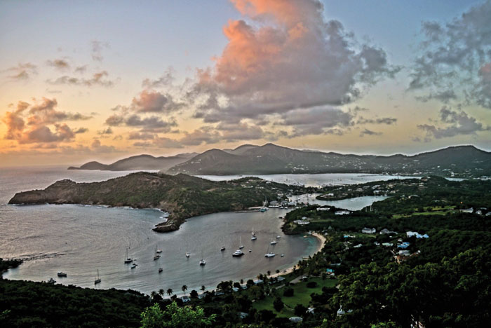 Falmouth Harbor, Antigua, taken from Shirley Heights. Photo by Phillip Gillihan, skipper of SV Parallax