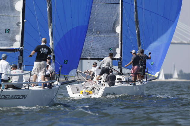 A small portion of the J/88 fleet was out practicing yesterday, getting set to compete in Charleston Harbor's tricky tides for the weekend. Charleston Race Week/Tim Wilkes 
