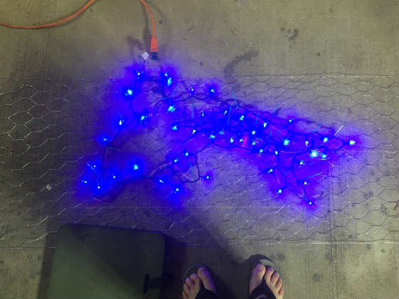 A dolphin light pattern on a chicken wire frame.