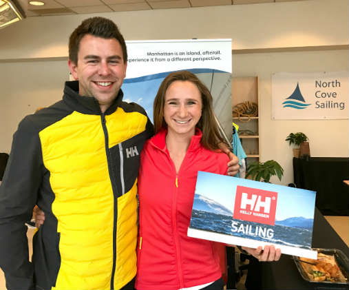 Brady and Elana with Helly Hansen sporting their new gear at North Cove Sailing in Manhattan before hopping on a boat to meet Thomas Coville in Brooklyn. Photo by SpinSheet