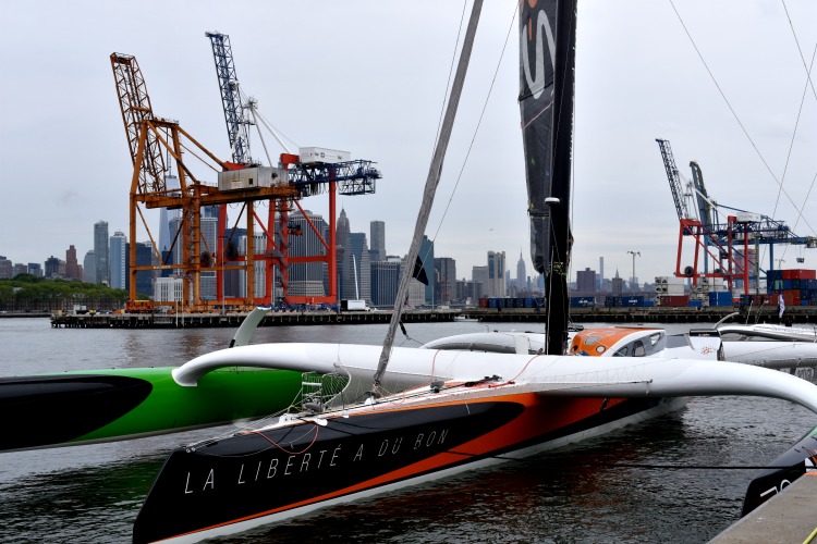 The 110-foot trimaran Sodebo Ultim was the boat in which Thomas Coville broke the solo, nonstop around the world sailing record in just over 49 days. Photo by SpinSheet