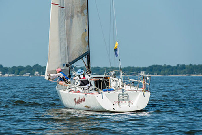 Nick Iliff aboard Muskrat finished first under corrected time in PHRF N in the Race to Oxford. Photo by Al Schreitmeuller 