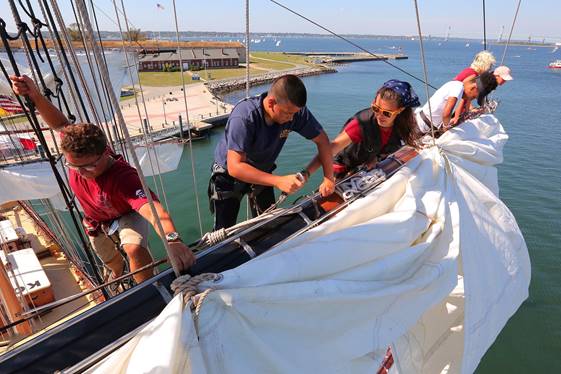 Trainees aboard SSV Oliver Hazard Perry last year at Fort Adams. Photo by Mark Russell