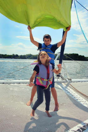 Fun on the trampoline—something you can only get on a catamaran