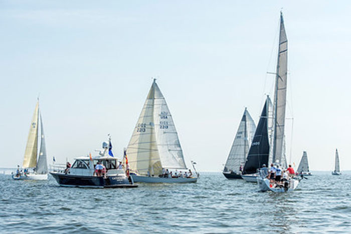 The fleet experienced light air at the start of the 2018 Race to Oxford. Photo by Al Schreitmueller