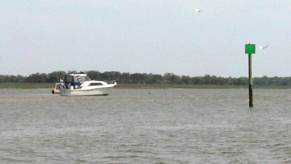 Powerboat aground on the wrong side of the daymark in the Dismal Swamp on the ICW.
