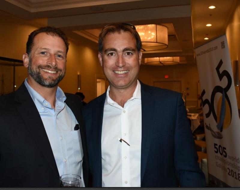 Jesse Falsone and Nic Harvey, president of Jeanneau, who donated the VIP spectator boat