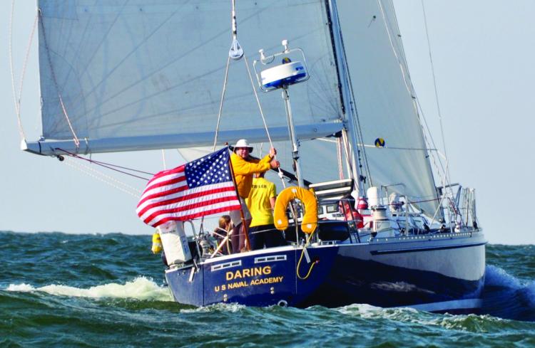Mike Hull aboard USNA sailboat Daring