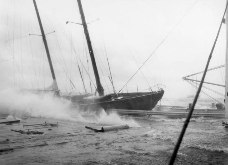 The 72-foot ketch Vamarie in distress off USNA in Hurricane Hazel, October 1954.  Courtesy of the collections of the U.S. Naval History and Heritage Command