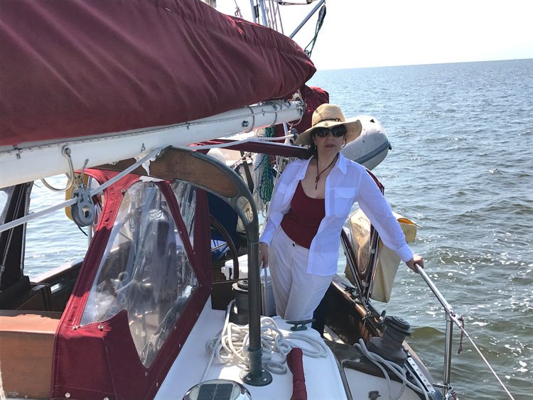 Sarah Bramble aboard sailing vessel Dragonquest