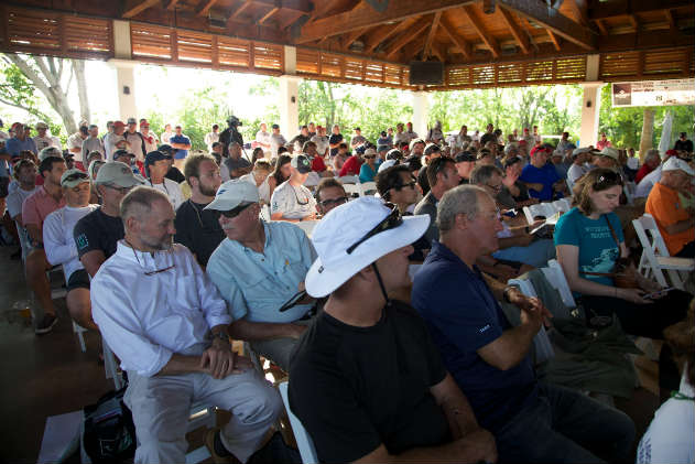 Hundreds of skippers and crews gather for the all-important Skippers Briefing on Thursday of Sperry Charleston Race Week 2017. Charleston Race Week/Meredith Block 