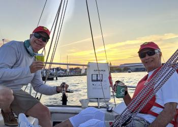 Megan Fenlon took this shot of winning J/30 Avita skipper Dan Watson with Dale Eager.