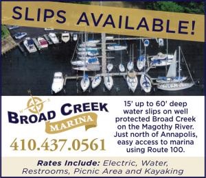 Broad Creek Marina located in Pasadena, MD on the Magothy River has deep water slips available.