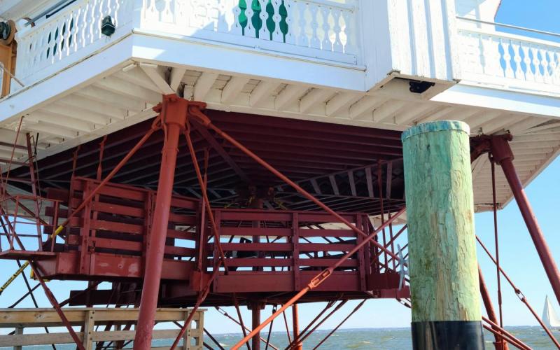 Looking up at the lighthouse as we docked....