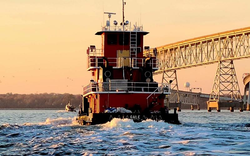 There goes the fiery red tugboat "GALE"