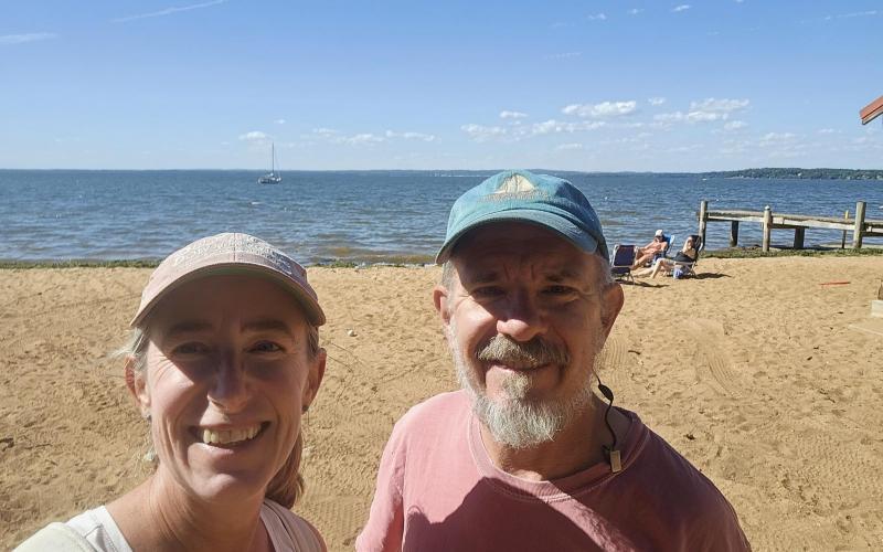On our community beach at Red Point with Grace anchored in the background