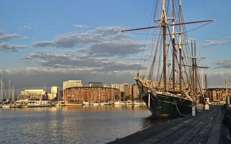 Schooner Denis Sullivan in the rosy glow of sunrise