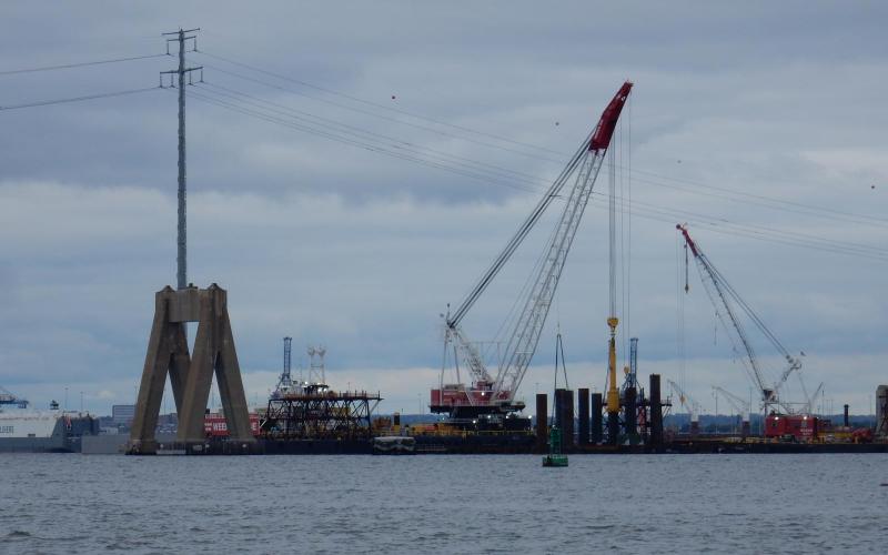 Driving pilings into the seabed for the replacement Key Bridge - Quite noisy.