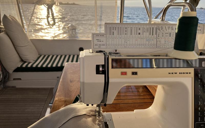 Day 89 Sewing repairs to dinghy chaps at anchor, Fisher's Island NY